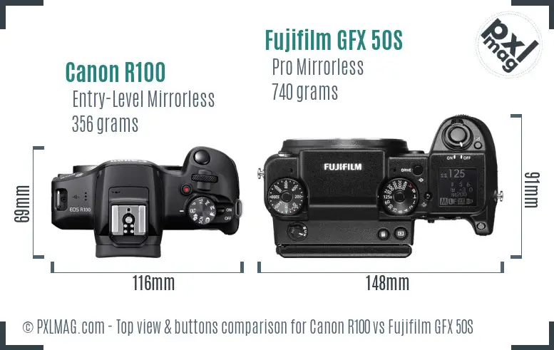 Canon R100 vs Fujifilm GFX 50S top view buttons comparison