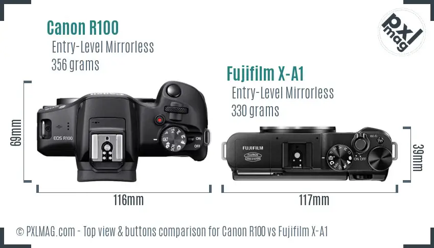 Canon R100 vs Fujifilm X-A1 top view buttons comparison Canon R100 vs Fujifilm X-A1 top view buttons comparison
