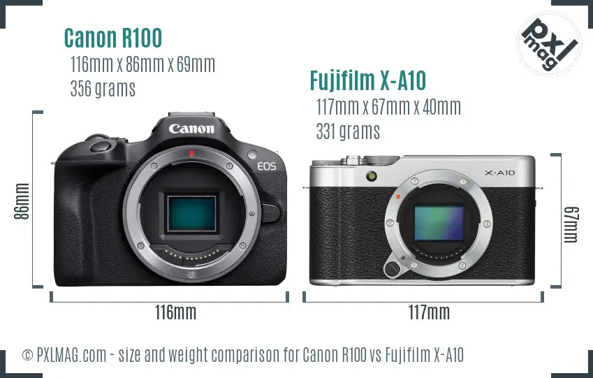 Canon R100 vs Fujifilm X-A10 size comparison