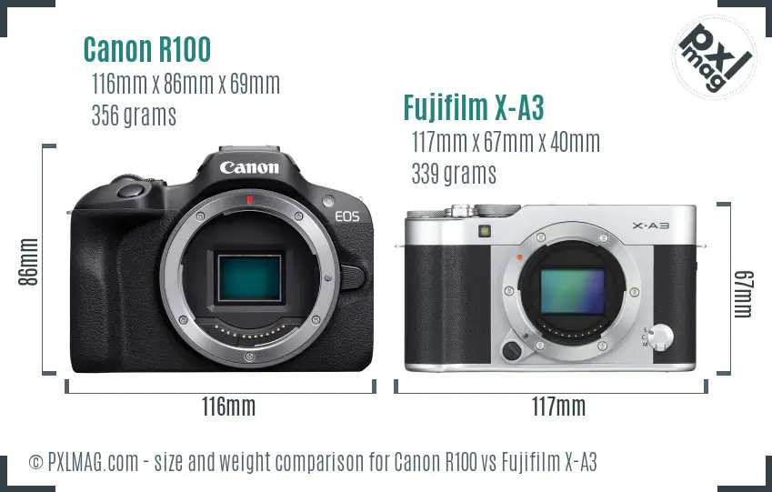 Canon R100 vs Fujifilm X-A3 size comparison Canon R100 vs Fujifilm X-A3 size comparison