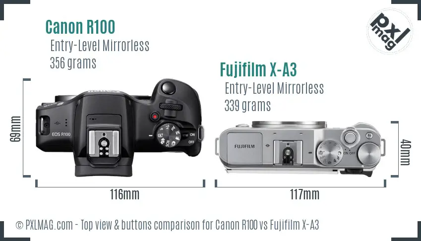 Canon R100 vs Fujifilm X-A3 top view buttons comparison Canon R100 vs Fujifilm X-A3 top view buttons comparison