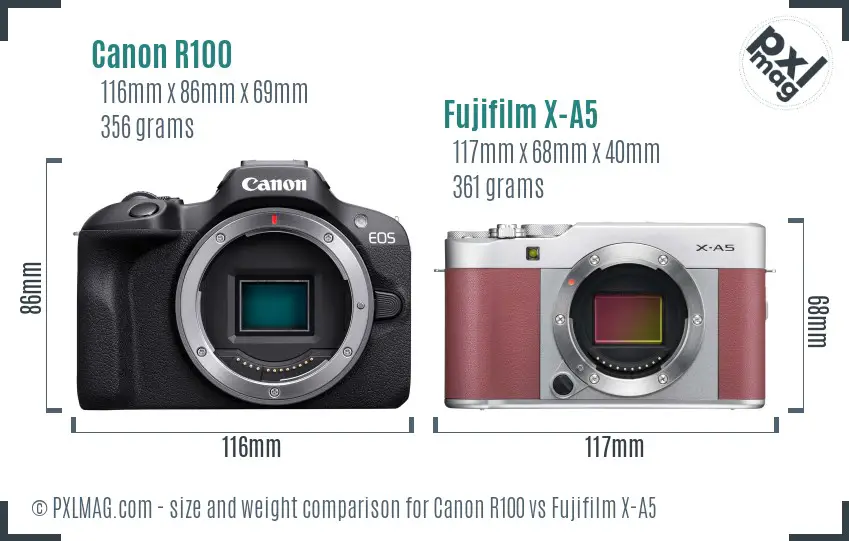 Canon R100 vs Fujifilm X-A5 size comparison