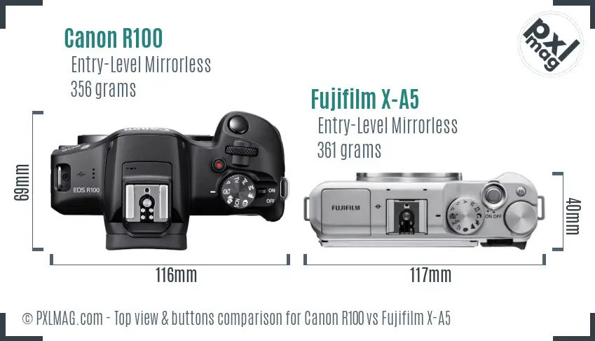 Canon R100 vs Fujifilm X-A5 top view buttons comparison