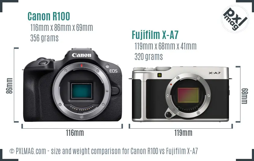 Canon R100 vs Fujifilm X-A7 size comparison