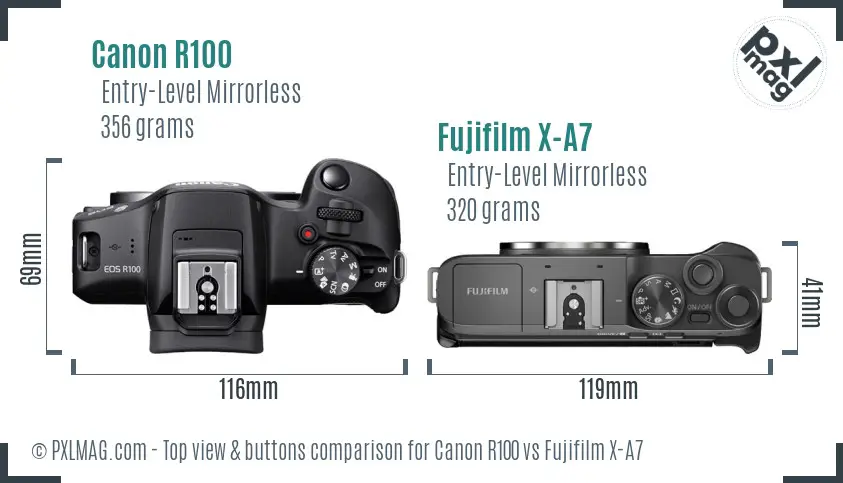 Canon R100 vs Fujifilm X-A7 top view buttons comparison
