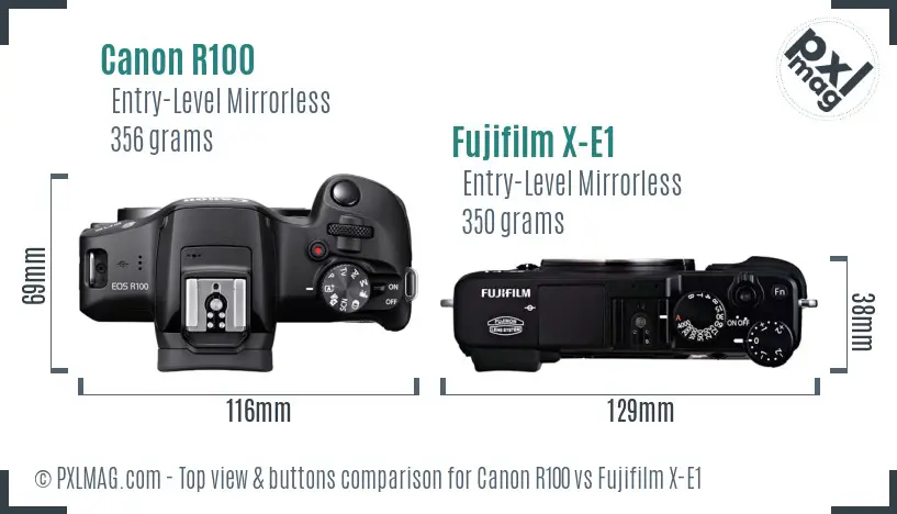 Canon R100 vs Fujifilm X-E1 top view buttons comparison Canon R100 vs Fujifilm X-E1 top view buttons comparison