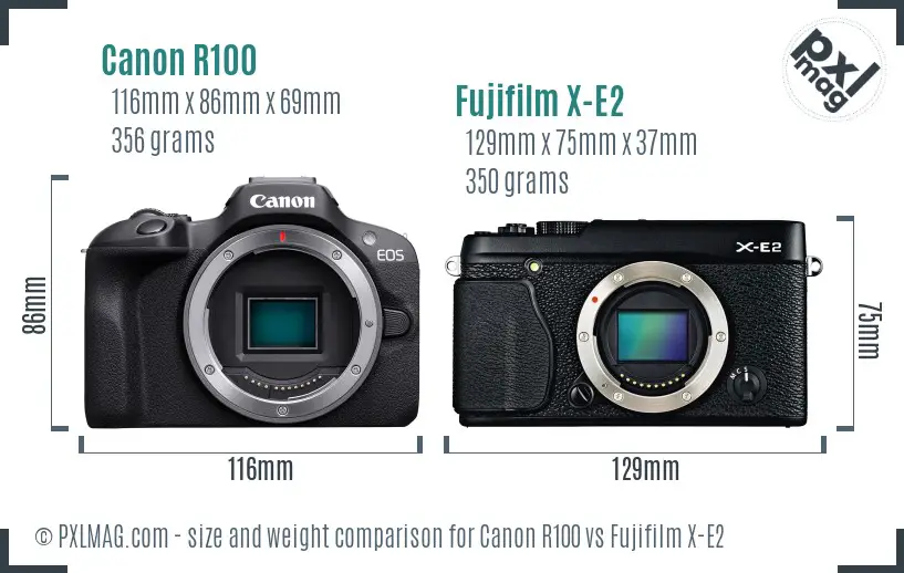 Canon R100 vs Fujifilm X-E2 size comparison