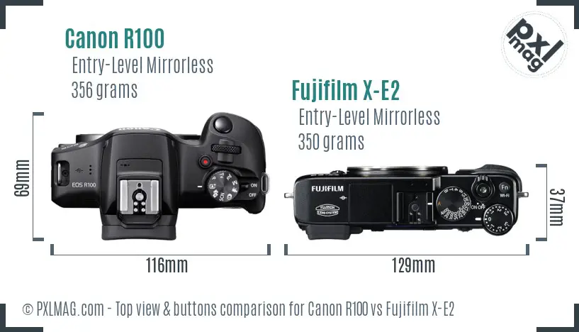 Canon R100 vs Fujifilm X-E2 top view buttons comparison