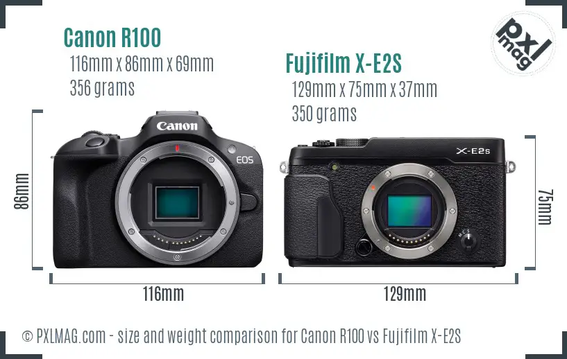 Canon R100 vs Fujifilm X-E2S size comparison Canon R100 vs Fujifilm X-E2S size comparison