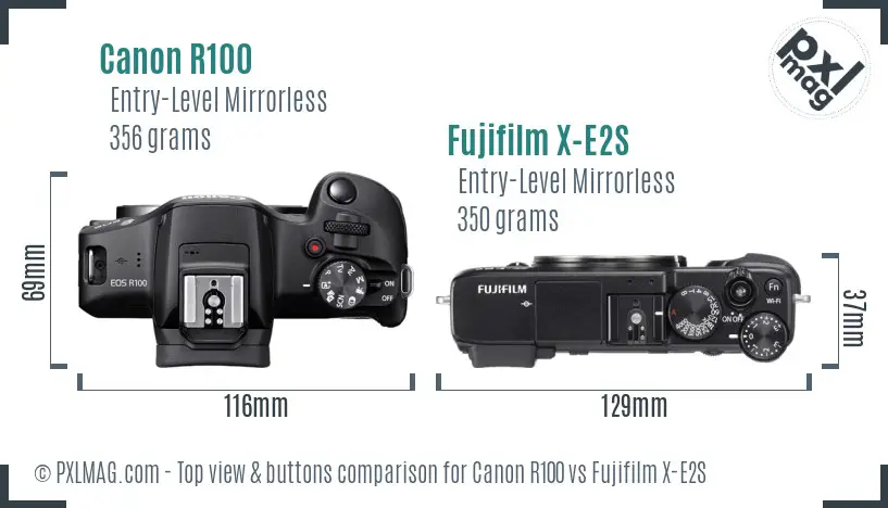 Canon R100 vs Fujifilm X-E2S top view buttons comparison Canon R100 vs Fujifilm X-E2S top view buttons comparison