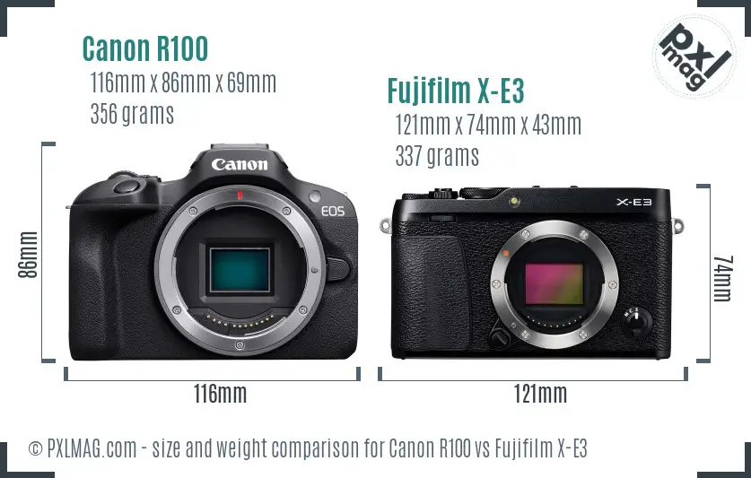 Canon R100 vs Fujifilm X-E3 size comparison