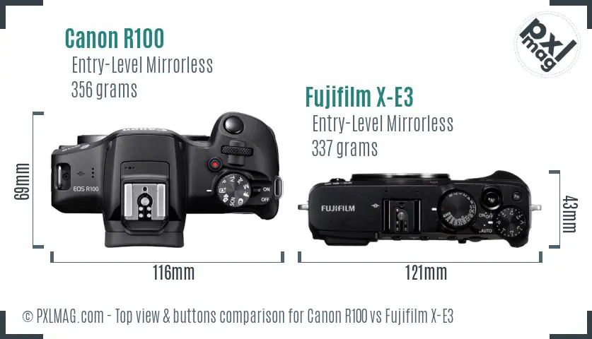 Canon R100 vs Fujifilm X-E3 top view buttons comparison