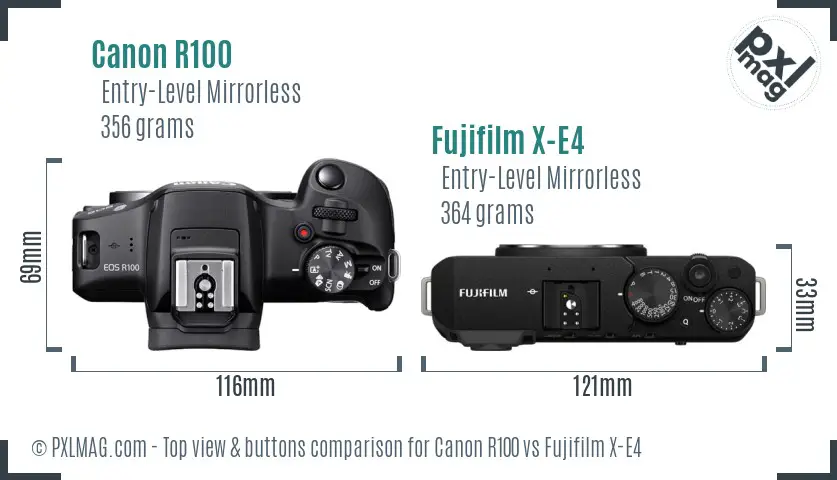 Canon R100 vs Fujifilm X-E4 top view buttons comparison Canon R100 vs Fujifilm X-E4 top view buttons comparison