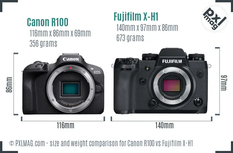 Canon R100 vs Fujifilm X-H1 size comparison