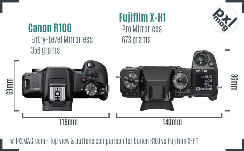 Canon R100 vs Fujifilm X-H1 top view buttons comparison