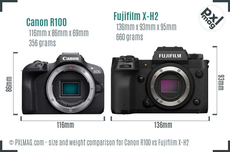Canon R100 vs Fujifilm X-H2 size comparison Canon R100 vs Fujifilm X-H2 size comparison