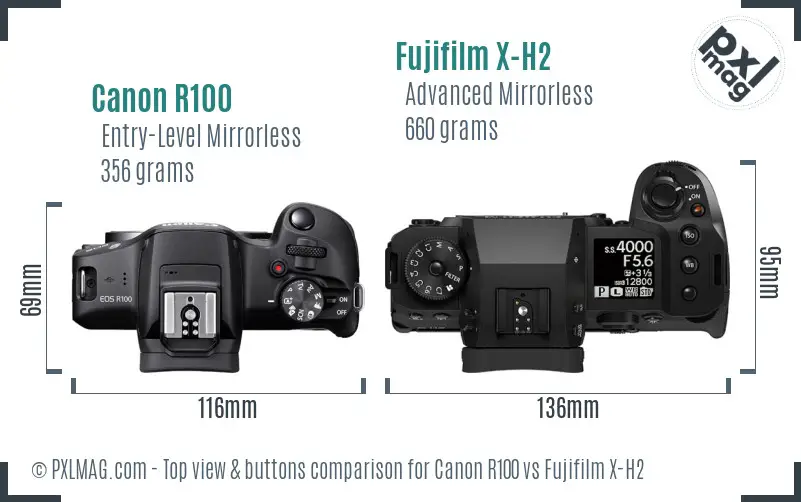 Canon R100 vs Fujifilm X-H2 top view buttons comparison Canon R100 vs Fujifilm X-H2 top view buttons comparison
