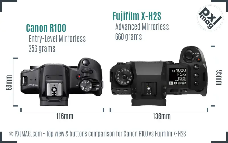 Canon R100 vs Fujifilm X-H2S top view buttons comparison