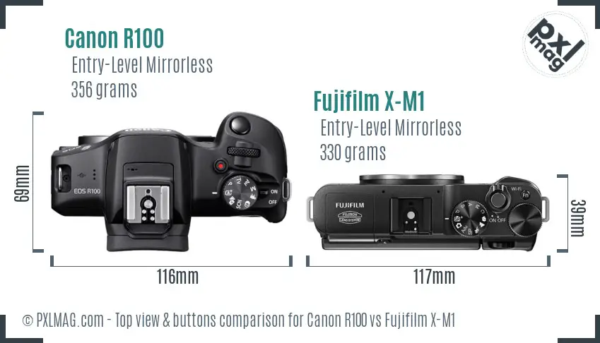 Canon R100 vs Fujifilm X-M1 top view buttons comparison