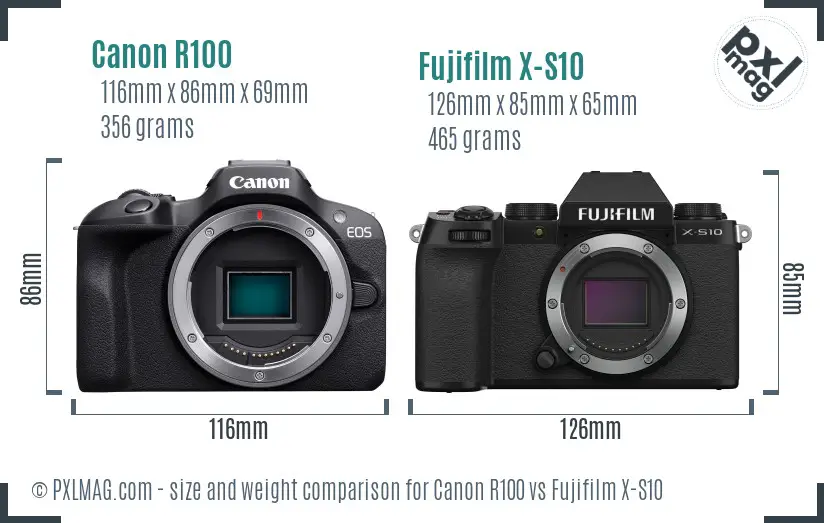 Canon R100 vs Fujifilm X-S10 size comparison