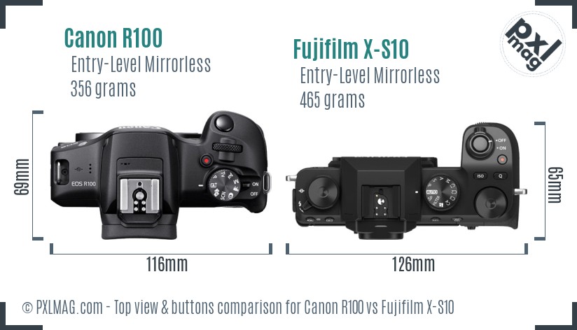 Canon R100 vs Fujifilm X-S10 top view buttons comparison