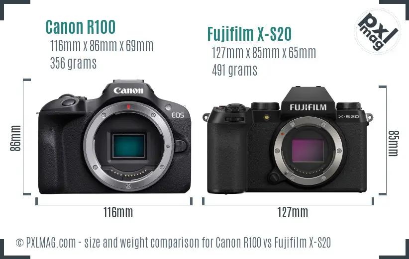 Canon R100 vs Fujifilm X-S20 size comparison