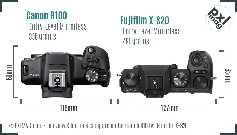 Canon R100 vs Fujifilm X-S20 top view buttons comparison