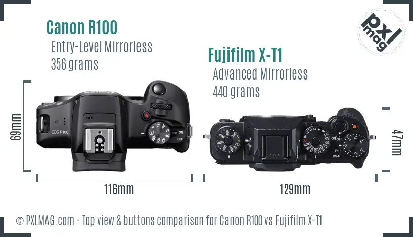 Canon R100 vs Fujifilm X-T1 top view buttons comparison Canon R100 vs Fujifilm X-T1 top view buttons comparison