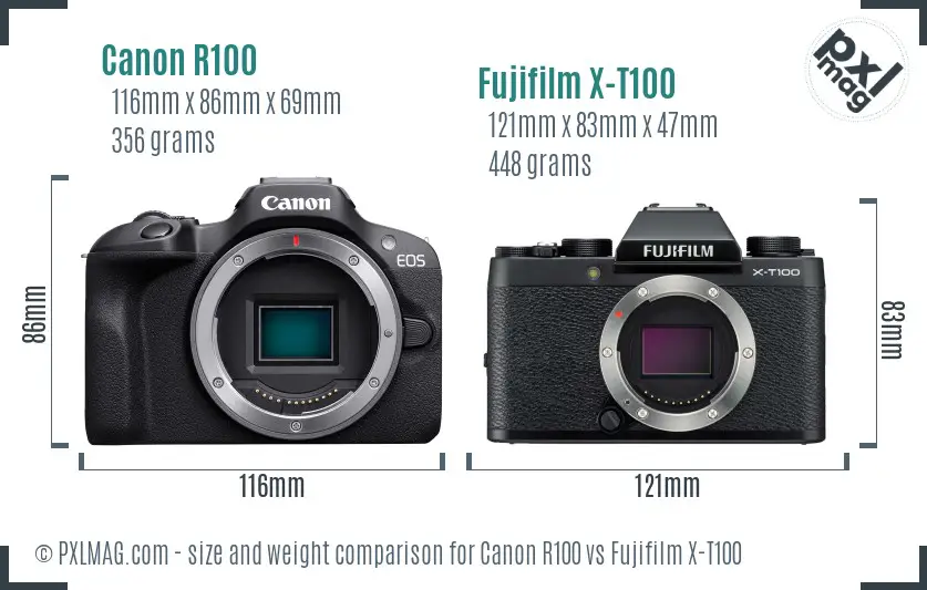 Canon R100 vs Fujifilm X-T100 size comparison