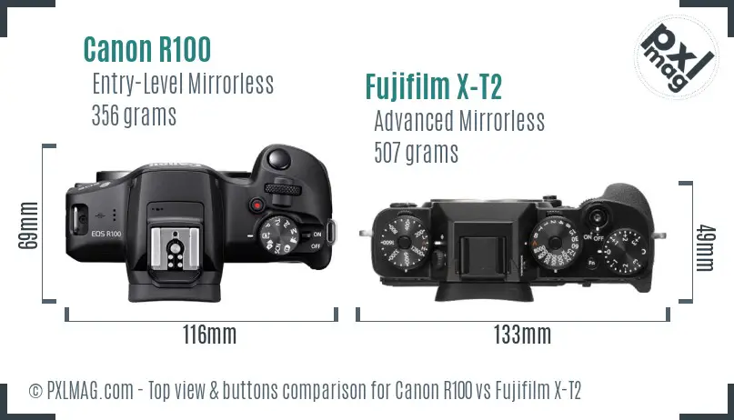 Canon R100 vs Fujifilm X-T2 top view buttons comparison