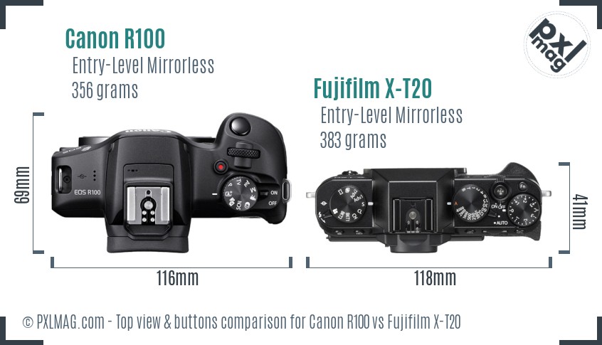 Canon R100 vs Fujifilm X-T20 top view buttons comparison