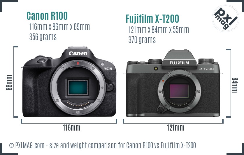 Canon R100 vs Fujifilm X-T200 size comparison