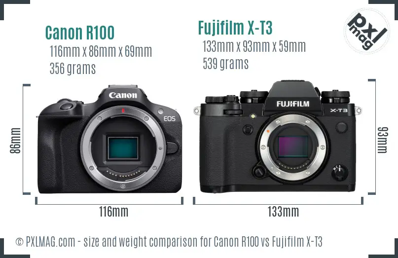 Canon R100 vs Fujifilm X-T3 size comparison