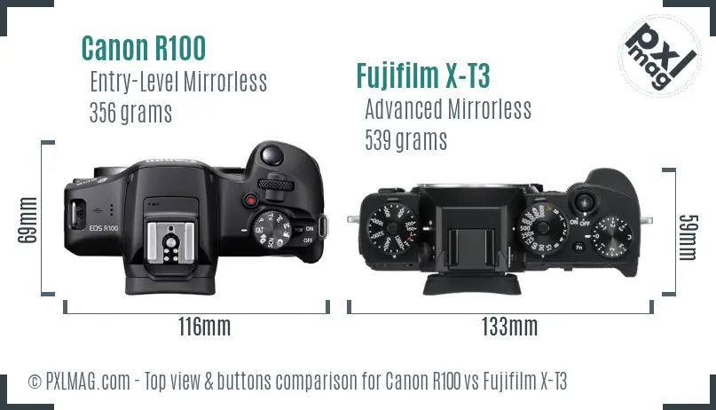 Canon R100 vs Fujifilm X-T3 top view buttons comparison