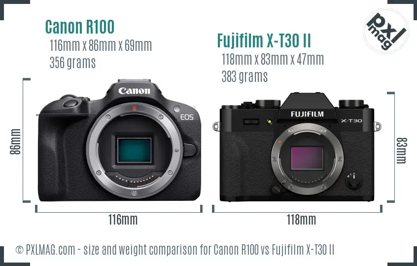 Canon R100 vs Fujifilm X-T30 II size comparison