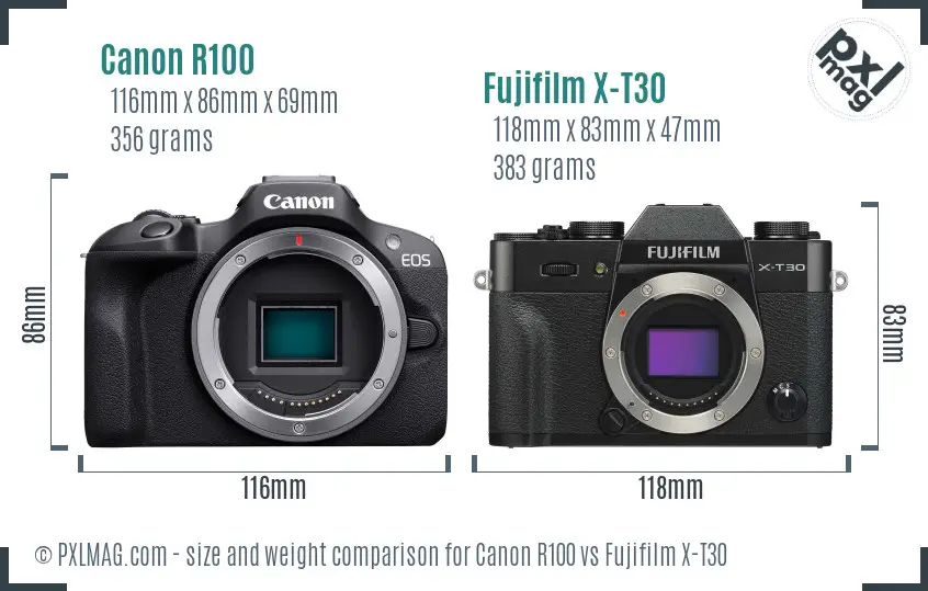 Canon R100 vs Fujifilm X-T30 size comparison