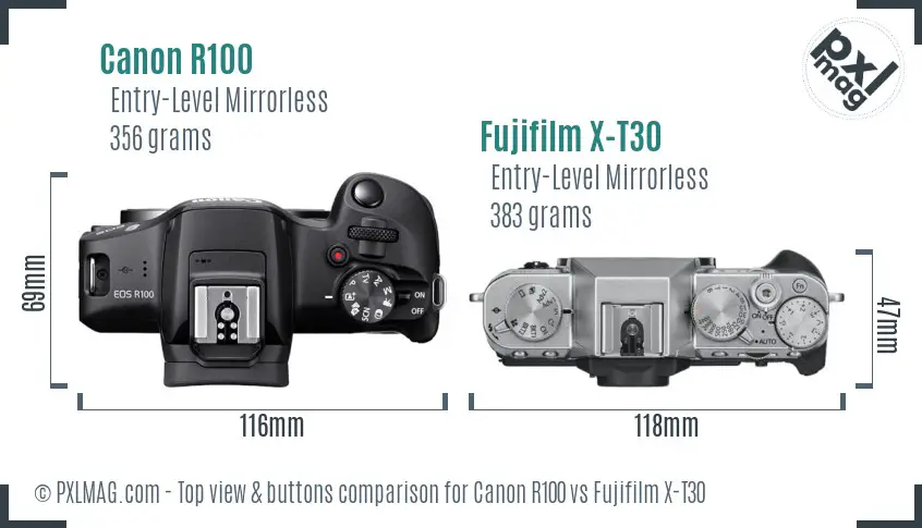 Canon R100 vs Fujifilm X-T30 top view buttons comparison