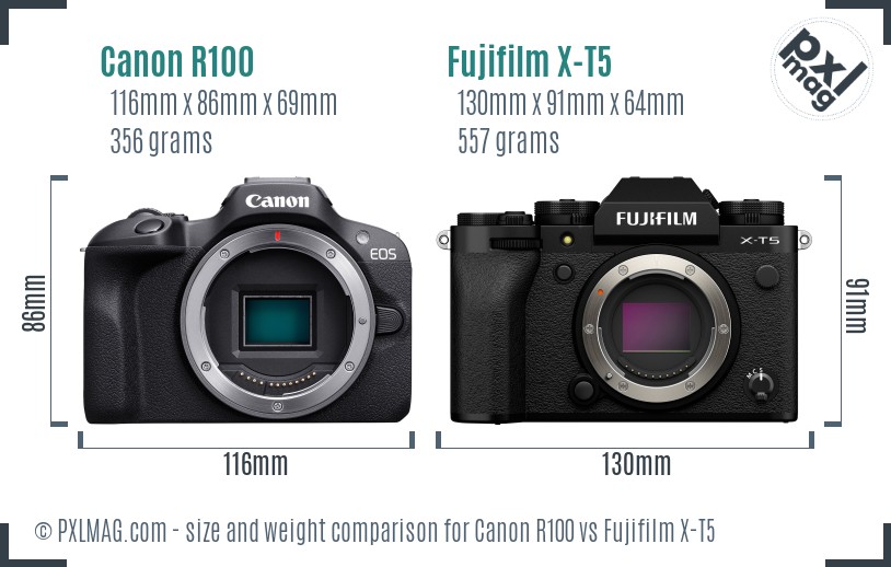 Canon R100 vs Fujifilm X-T5 size comparison