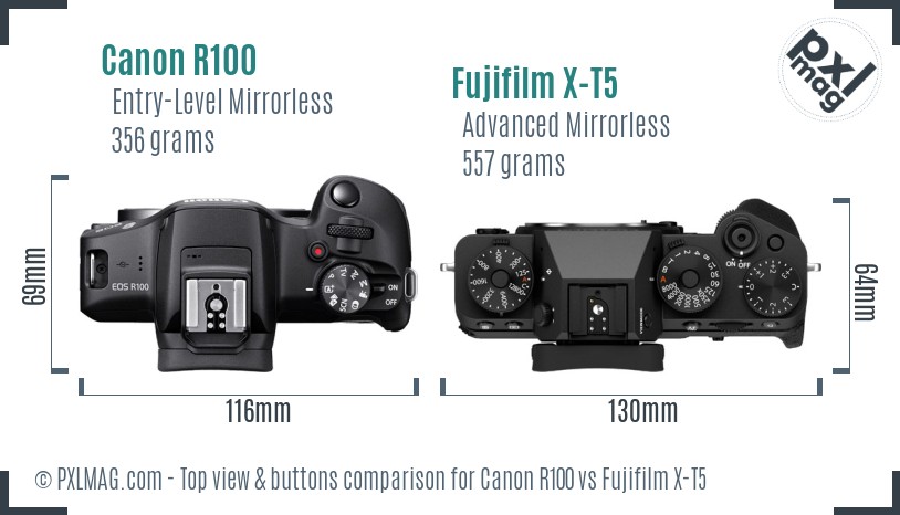 Canon R100 vs Fujifilm X-T5 top view buttons comparison