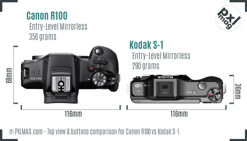Canon R100 vs Kodak S-1 top view buttons comparison Canon R100 vs Kodak S-1 top view buttons comparison