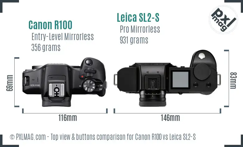 Canon R100 vs Leica SL2-S top view buttons comparison