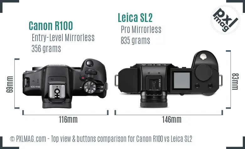 Canon R100 vs Leica SL2 top view buttons comparison