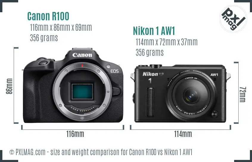 Canon R100 vs Nikon 1 AW1 size comparison