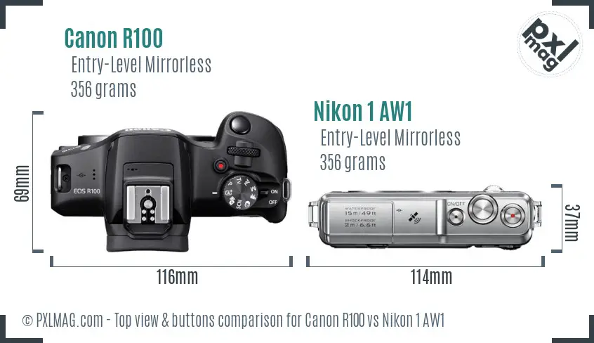 Canon R100 vs Nikon 1 AW1 top view buttons comparison