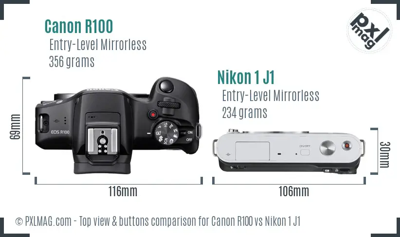 Canon R100 vs Nikon 1 J1 top view buttons comparison Canon R100 vs Nikon 1 J1 top view buttons comparison