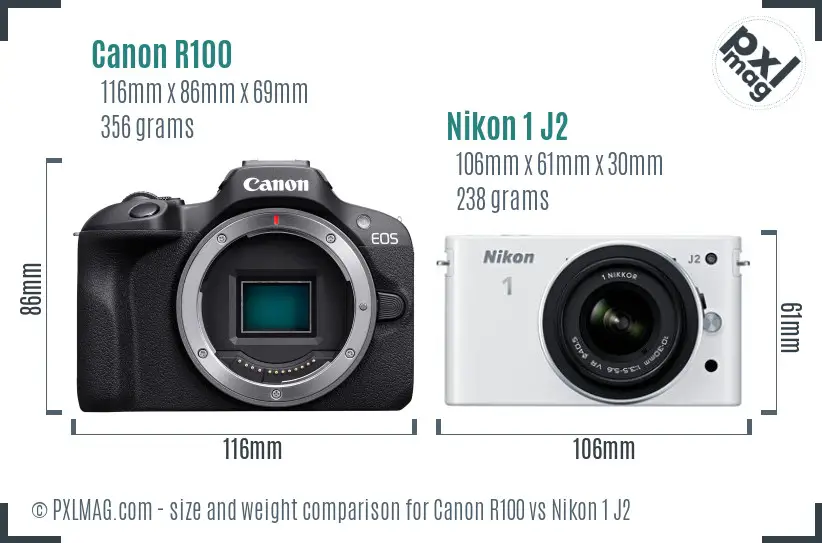 Canon R100 vs Nikon 1 J2 size comparison