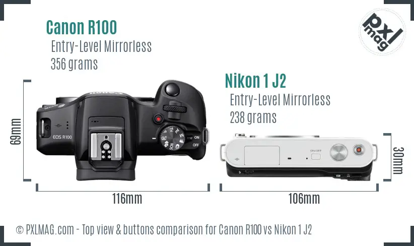 Canon R100 vs Nikon 1 J2 top view buttons comparison