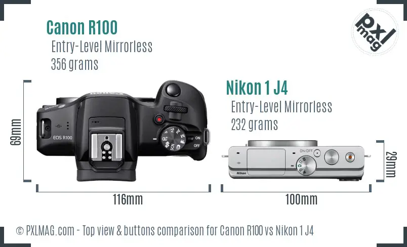 Canon R100 vs Nikon 1 J4 top view buttons comparison