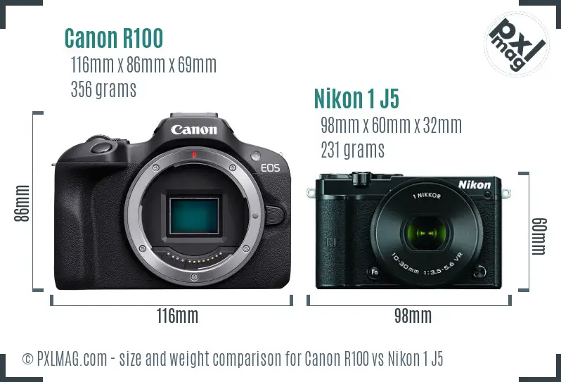 Canon R100 vs Nikon 1 J5 size comparison Canon R100 vs Nikon 1 J5 size comparison