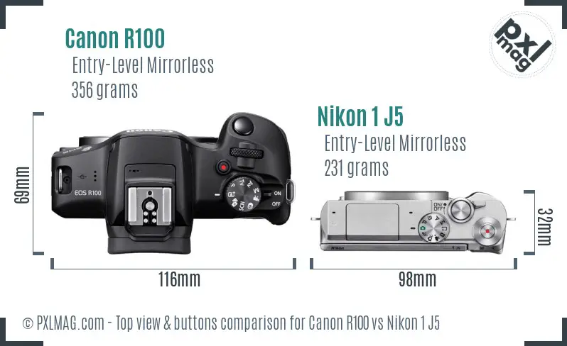 Canon R100 vs Nikon 1 J5 top view buttons comparison